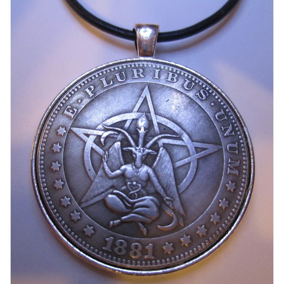 Hobo Coin Baphomet Pentagram Horned Goat Devil Head, Leather Chord Neckl… - Picture 1 of 7